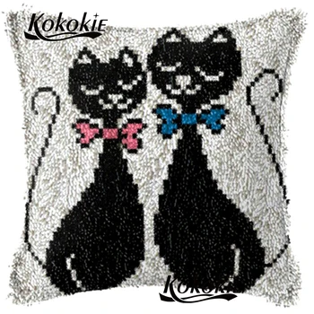 Bordar bordar kits de trava do Gancho gatos pretos ponto cruz tecido Jogar Travesseiro Bordado Conjunto de Crochê Tapete de Fios Fronha