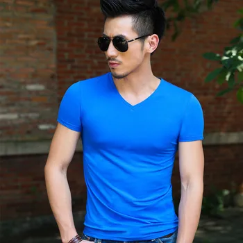 C1508-Verão dos homens novos T-shirts de cor sólida slim tendência casual manga curta moda
