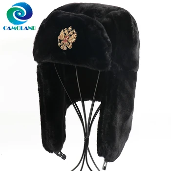 CAMOLAND Exército Soviético Militar Emblema da Rússia Ushanka Bombardeiro Chapéus Mulheres Homens Inverno Quente Peles Artificiais Earflap Chapéus de Caçador de Neve Caps