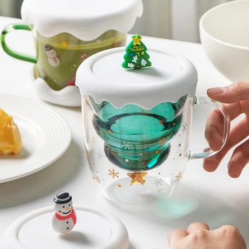 Caneca de natal da Dupla Camada Engrossar Anti-Escaldante Copo de Vidro Criativo 3D Transparente Caneca de Café de Suco de Copos para Crianças, Presentes de Natal