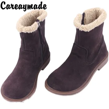 Careaymade-Nova de neve de algodão de cabeça redonda de plano de fundo de lã curto botas de couro de vaca e de pelúcia quente grossa com fundo de botas de neve