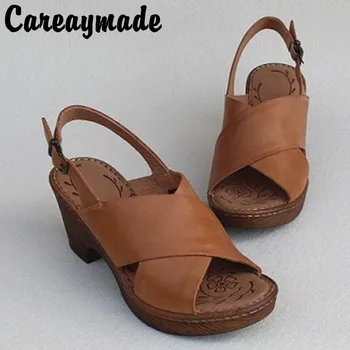 Careaymade-Verão costurado à mão de sapatos femininos retro literária e artística, sandálias de lazer de salto alto grosso de salto sandálias fishmouth