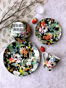 casamento de natal espanhola de cerâmica de louça de mesa pratos Ocidentais auspicioso flores papagaios decorativos, pratos, tigelas e copos de preto