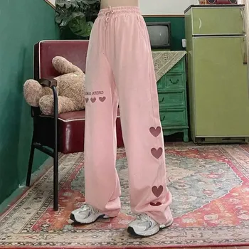 Casual Calças das Mulheres do Vintage Soltos Impressão de Amor Streetwear Hip Hop coreano Bf Perna Larga Calças de Todos-jogo Harajuku Moletom Feminino
