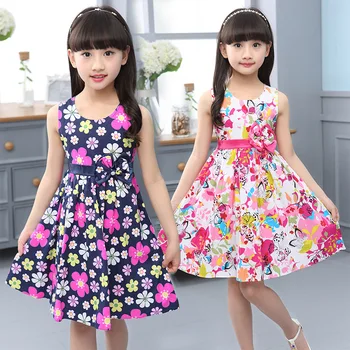 Colete De Meninas Dress Flor De Algodão De Impressão De Crianças Desgaste Coreano Bonito 95% Algodão Princesa Vestidos De Festa 4 5 6 7 8 9 10 11 12 14 Ano