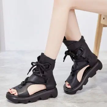 comemore Nova Moda das Mulheres Sandálias Sapatos de Verão 2021 Preto Aberto Toe de Couro Genuíno de Volta Zipper Cunhas Plataforma Casual Sandálias