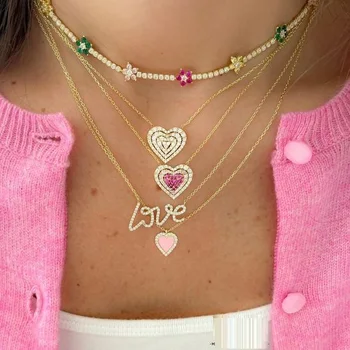 Cor de ouro 5A Branco cor-de-Rosa CZ Coração Pingente de Colar de 2021 Novo Multi Camada de Coração Moda Namorada de Presente de Jóias