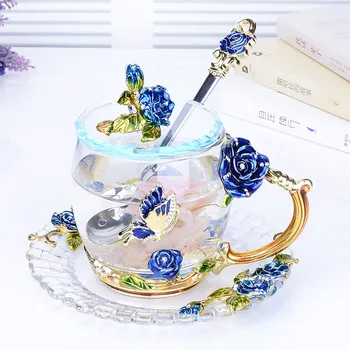 Creative Rosa Azul de Esmalte Cristal Xícara de Chá de uma Caneca de Café da Borboleta Rosa Pintado de Água de Flor de Copos de Vidro com Colher Conjunto
