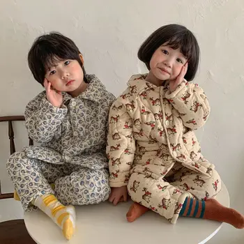 Crianças de Pijama Conjuntos de 2021 Inverno Engrossado Meninas Puro Algodão Bebê Além de Veludo da Três-camada Acolchoado Meninos Casa Terno de Roupa 2-6T