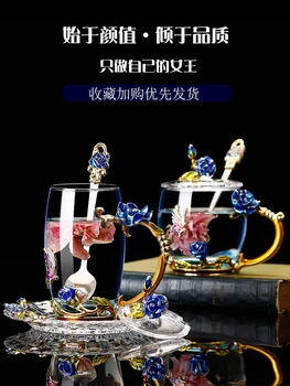 Criativo esmalte cor de água copo de vidro resistente ao calor ins Fenghua xícara de chá com tampa família xícara de chá de jogo de crianças grandes