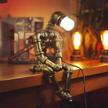 Criativo Industrial Steampunk Ferro Forjado Robô Lâmpada De Tabela Retro Robô Tubulação De Água Lâmpada De Mesa De Bar Restaurante Cafe Decoração