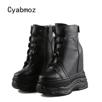 Cyabmoz Mulheres Ankle Boots de Couro Genuíno aumento da Altura de Sapatos de Plataforma Escondida saltos Altos Festa de Sapatos de Senhoras Tênis Casual