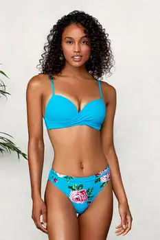 Céu Azul Floral Reviravolta a meio do Aumento de Mulheres de Biquíni Verão de Natação Terno 2022 Luxo Micro Monokini Sexy de Praia no Verão Sólido Push-Up