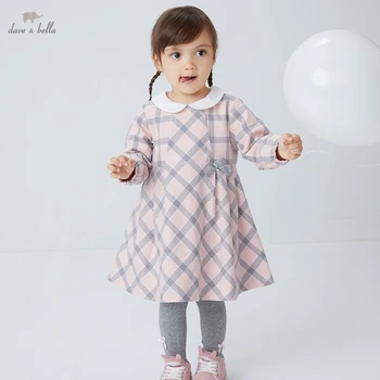 DB18666 dave bella outono menina do laço bonito vestido de estampa xadrez para crianças de moda de vestido de festa de crianças infantil roupas de lolita