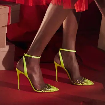 Dedo apontado PVC Adornados Com Lantejoulas Strass Sandálias de Tiras no Tornozelo Slingback Iridescente Designer de Sapatos de Mulheres do Partido