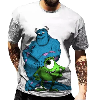 Disney Monsters Inc Homens Divertida T-Shirt de Verão Casual 3D Impresso T-Shirt masculina de grandes dimensões Cartoon Anime Homens Soltos Tendência de Roupas