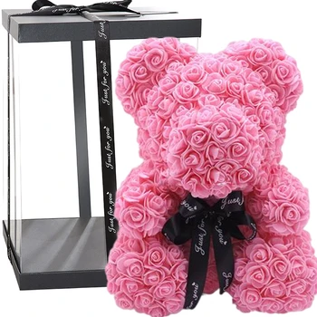 DIY 25 Cm de Pelúcia Rosa Ursos Com Caixa Artificial PE Flor Urso Rosa de Dia dos Namorados Para a Namorada Mulher Esposa, Mãe de Presentes do Dia