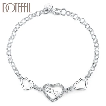 DOTEFFIL de Prata 925 coração Para Coração AAA Zircão Bracelete Para as Mulheres, Casamento, Festa de Noivado de Jóias de Moda