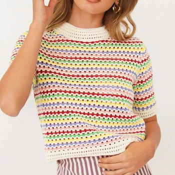 Dourbesty 90 arco-íris Ocos de Malhas, as Mulheres Vêem-através Listrado T-Shirts de Verão Boho Praia Estilo Cover-ups Crop Tops y2k