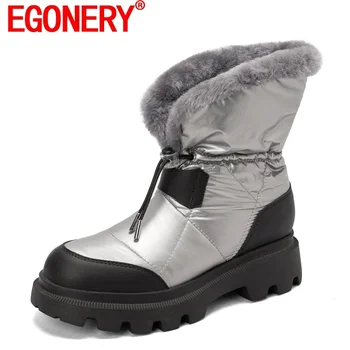 EGONERY Novo Estilo de Botas de Neve de Mulher Real, de Couro E para Baixo Ankle Boots Quente lá Dentro Senhoras Rodada Toe de Moda Booites Inverno
