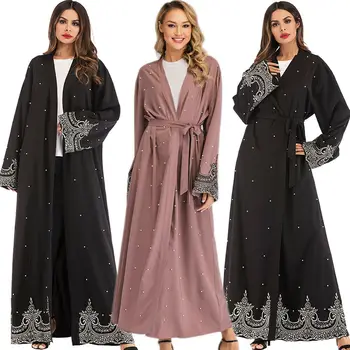 Eid Ramadã Oepn Abaya Dubai, Turquia Kaftan Mulheres Muçulmanas Hijab Vestido De Quimono Caftan De Vestuário Islâmico Esferas Cardigan Árabe Manto