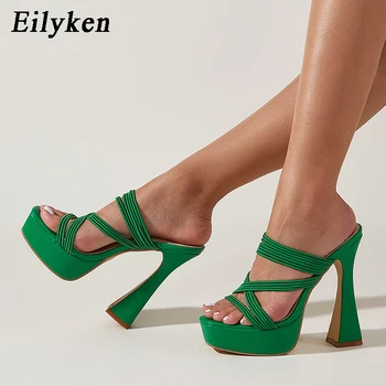 Eilyken 2023 Nova Praça Verde do dedo do pé de Banda Estreita, Chinelos de quarto Slides Moda Verão Gladiator Sandals Calçados femininos de Bombas de Salto