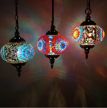 Em Estilo Mediterrâneo, Com Decoração Artesanal Turco Luz Pendant De Vidro Em Tons De Mosaico Luminária Para Bar Café E14