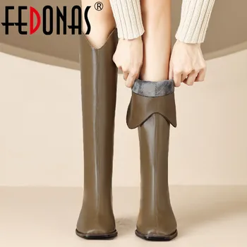 FEDONAS Concisa Fashion Mulheres Joelho Botas Altas de Couro Genuíno de pés Quadrados de Salto Grosso Sapatos de Mulher Outono Inverno Festa Casual