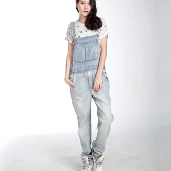 Frete grátis XS-5XL Calças compridas Para Mulheres Altas Jardineiras Jeans Calças Soltas Plus Size de Espaguete fita para o hip hop Luz Azul Macacão