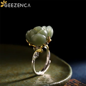 GEEZENCA Natural Jade Jaspe Lotus de Prata 925 Mulheres Anel de Luxo Clássico Grande pedra preciosa Abrir Anéis Vintage Étnica Presente