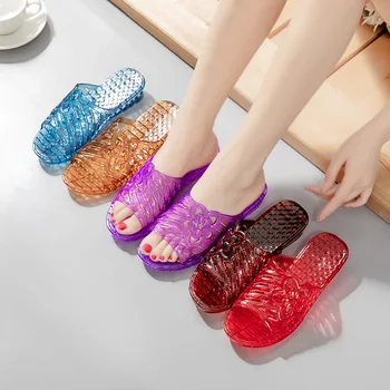Geléia De Chinelos Mulheres De Verão, Sandálias Candy Colors Transparente Slides Moda Senhoras Deslizamento No Plano De Praia, O Interior Para O Exterior Sapatos De Praia