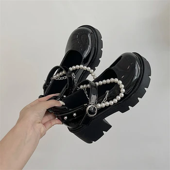 Grosso Calcanhar Mary Jane Shoes Estilo Japonês Meninas Plataforma Lolita Sapatos De Senhoras Pérola Cadeia Única Sapatos De Bombas Para Mulheres