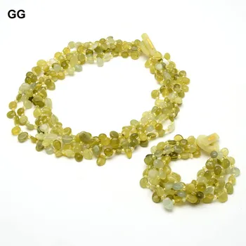 GuaiGuai Jóia de 5 Fios de Gemas Naturais, Pedra Verde Jades Superior perfurados Fantasia Polido Colar Pulseira Define Artesanal Para Mulheres