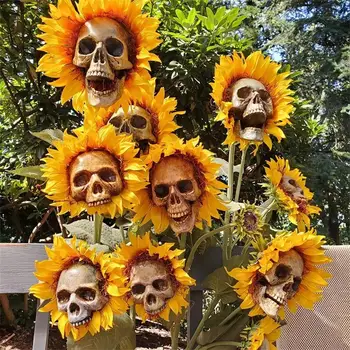 Halloween Girassol Crânio Decoração De Jardim Ao Ar Livre Falso Flor Estátuas Ornamento