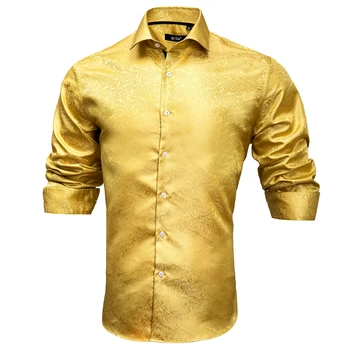 Hi-Laço Sólido Amarelo Floral Casual Camisa de Mens de Luxo Camisa de Seda Para os Homens Vestido de Noiva Moda Slim Fit Manga Longa dropshipping