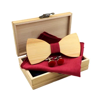 Homens Design Sólido de Madeira Gravata Clássica de Madeira gravata borboleta Lenço de Punho de Conjuntos Com Caixa de Madeira Para Homens Casamento, Romance Dom