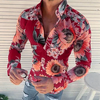 Homens Floral, Camisa de Manga Longa Camisa Casual de Moda Rosa Flor Impressos em 3D Vire para baixo de Gola Slim Havaí Shirt Mens