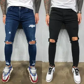 Homens Ripped Jeans Homens Magros Slim Fit Hip Hop Calça de algodão Casual calças dos Homens Jogging jean homme Moda Streetwear