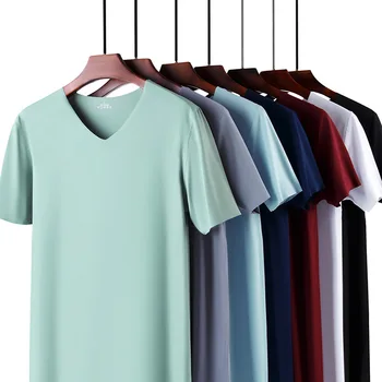 Homens Tshirts Homens de Gelo Seda Uniforme de manga Curta T-shirt Fina de Verão Magro T-shirts Slim Assentamento Camisa Tops com Decote em V Casual