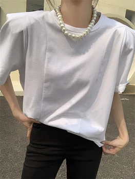 HziriP de Manga Curta T-Shirts Mulheres Almofadas de Ombro Quente Nova Algodão de Verão 2022 OL Casual Elegante Vintage Fino Solto Tops Tees