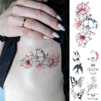 Impermeável Da Etiqueta Temporária Tatuagem De Coruja-De-Rosa Flores Flash Tatoo Andorinha Borboleta Pássaro Mão De Pulso Falso Tatto Para A Arte Corporal De Mulheres