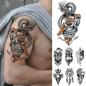 Impermeável Da Etiqueta Temporária Tatuagem De Dragão Tigre Geometria Lobo Flash Tatuagens De Coração Crânio Arte No Corpo, Braço Falsa Tatoo Mulheres Homens