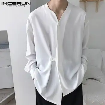 INCERUN dos Homens de Moda Casual Camisa Gola V de Botão de Manga Longa de Cor Sólida coreano Tops Streetwear Irregular Camisas para Homens de Roupas 2022