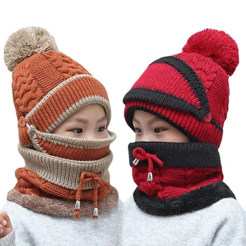 Inverno Crianças Meninas Gorro de Tricô Lenço de máscaras Suaves de Lã Forrado de Esqui de Inverno Chapéu com Pompom Quente Acessórios de 2 a 8 Anos