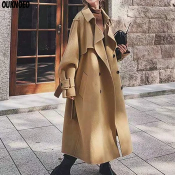 Inverno Mulheres do Longo Casaco de Trincheira Moda Elegante Casaco de Lã coreano Casual Solta Correia Jaqueta de Agasalho 2023 Cáqui Mulher Casaco Grosso