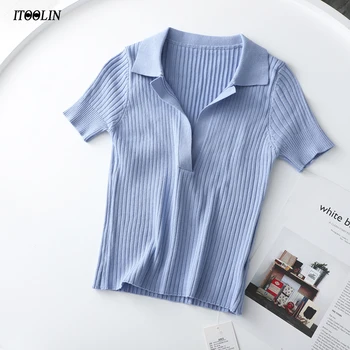 ITOOLIN Mulheres Polo Camisas de Manga Curta de Malha T-shirt Simples Mulheres com Nervuras gola V Top de Cultura Sólido Fino Cropped Tees 2022 Verão