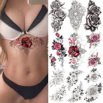 Lace 3D Flor de Rosa Tatuagem Temporária Para as Mulheres Underboob Menina Cobra Henna Peônia Tatuagens Adesivo Preto Falso 3D Peito Tatoos