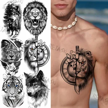 Leão Bússola Braçadeira De Tatuagens Temporárias Para Os Homens Adultos Do Tigre Viking Lobo Da Floresta Falso Etiqueta Da Tatuagem No Peito Braço Militar Tatoos