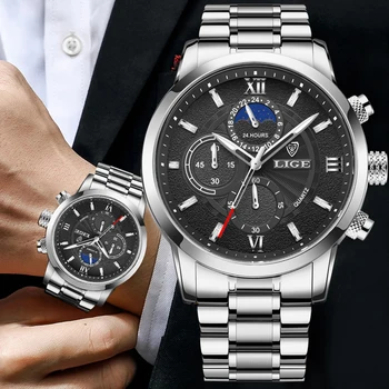 LIGE dos Homens de Moda de Relógios as melhores marcas de Luxo Quartzo Impermeável Esportes Relógio de Pulso Relógio Masculino pulseira de Aço Inoxidável