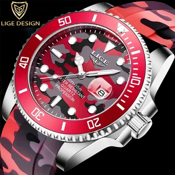LIGE Nova Moda Relógios de homens de melhor Marca de Luxo de Camuflagem de Quartzo Relógio de Pulso de Homem Esporte Vermelho Relógio de Silicone para Homens Reloj Hombre